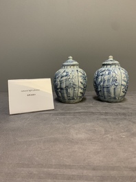 A pair of Chinese blue and white jarlets and covers with figural and floral design, Wanli