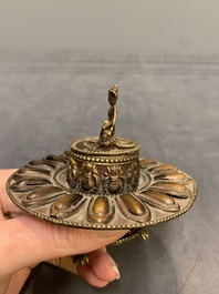 Three Tibetan bronze vajra and a copper incense burner, 18/20th C.