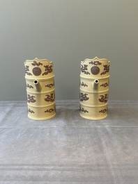 A pair of very rare Chinese Yixing stoneware 'duomuhu' ewers and covers, Kangxi