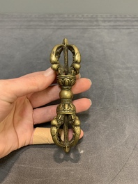 Three Tibetan bronze vajra and a copper incense burner, 18/20th C.