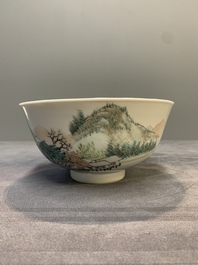 A fine Chinese qianjiang cai 'mountainous river landscape' bowl, signed Cheng Men 程門, Guangxu mark, dated 1887