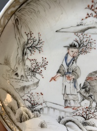 A Chinese blue-enamelled gilt-decorated grisaille cup and saucer, Yongzheng