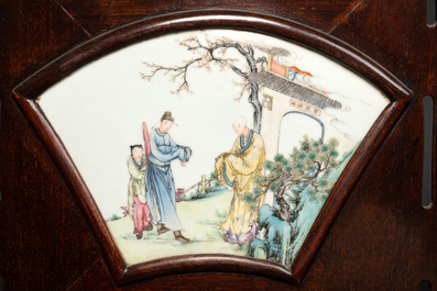 A Chinese four-fold wooden room divider with famille rose 'Romance of the Western Chamber' plaques, Republic