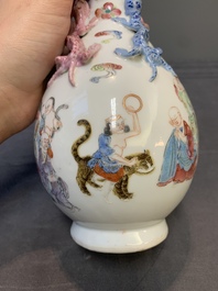 A pair of Chinese famille rose '18 Luohan' bottle vases, 19th C.