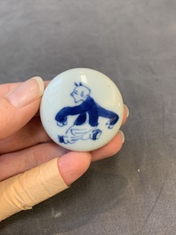 A Chinese blue and white 'ladies playing go' tea caddy and cover, Kangxi