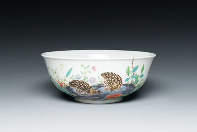 A Chinese famille rose 'quails' bowl, Yongzheng mark, 20th C.