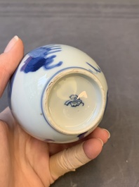 A Chinese blue and white 'ladies playing go' tea caddy and cover, Kangxi