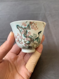 A fine Chinese falangcai 'peacock and plum blossom' cup, Yongzheng mark and of the period