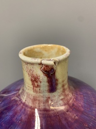 A Chinese flamb&eacute;-glazed 'meiping' vase on wooden stand, 18/19th C.