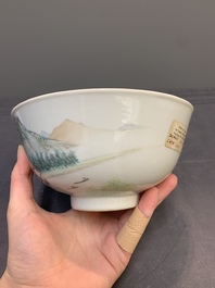 A fine Chinese qianjiang cai 'mountainous river landscape' bowl, signed Cheng Men 程門, Guangxu mark, dated 1887