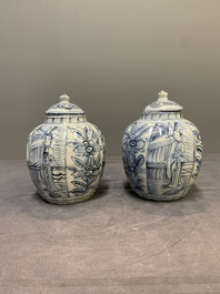 A pair of Chinese blue and white jarlets and covers with figural and floral design, Wanli