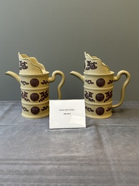 A pair of very rare Chinese Yixing stoneware 'duomuhu' ewers and covers, Kangxi