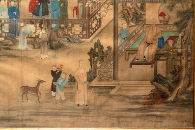 Chinese School: 'Vibrant court scene with an emperor', ink and colour on silk, 18th C.