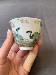 A fine Chinese falangcai 'peacock and plum blossom' cup, Yongzheng mark and of the period