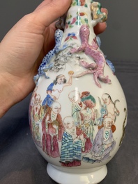A pair of Chinese famille rose '18 Luohan' bottle vases, 19th C.