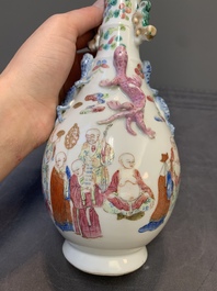 A pair of Chinese famille rose '18 Luohan' bottle vases, 19th C.