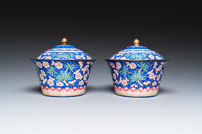 A pair of Chinese Canton enamel bowls and covers with floral design, Qianlong