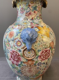 A Chinese famille rose 'millefleurs' vase mounted as lamp, Qianlong mark, Republic