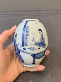 A Chinese blue and white 'ladies playing go' tea caddy and cover, Kangxi