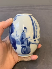 A Chinese blue and white 'ladies playing go' tea caddy and cover, Kangxi