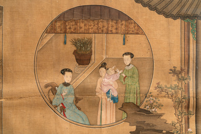 Chinese School: 'Vibrant court scene with an emperor', ink and colour on silk, 18th C.