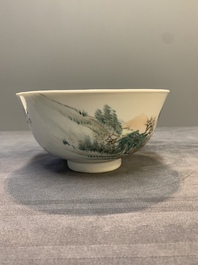 A fine Chinese qianjiang cai 'mountainous river landscape' bowl, signed Cheng Men 程門, Guangxu mark, dated 1887