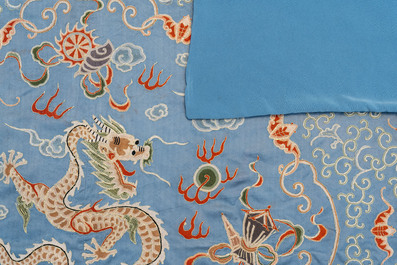 A Chinese blue-ground embroidered silk panel with a dragon among bajixiang, 19th C.