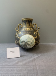 A Chinese famille rose faux-bronze 'landscape' 'hu' vase, dated 1949