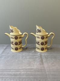 A pair of very rare Chinese Yixing stoneware 'duomuhu' ewers and covers, Kangxi