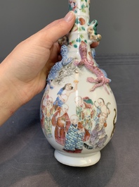 A pair of Chinese famille rose '18 Luohan' bottle vases, 19th C.