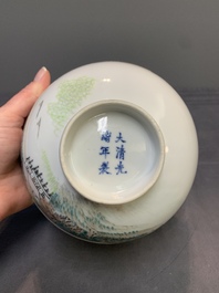 A fine Chinese qianjiang cai 'mountainous river landscape' bowl, signed Cheng Men 程門, Guangxu mark, dated 1887