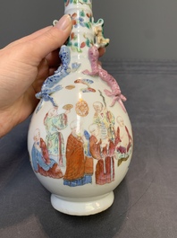 A pair of Chinese famille rose '18 Luohan' bottle vases, 19th C.
