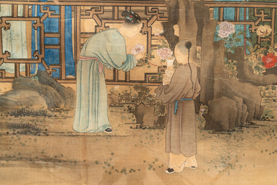 Chinese School: 'Vibrant court scene with an emperor', ink and colour on silk, 18th C.