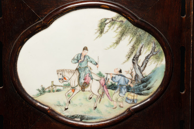 A Chinese four-fold wooden room divider with famille rose 'Romance of the Western Chamber' plaques, Republic