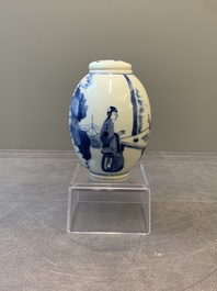 A Chinese blue and white 'ladies playing go' tea caddy and cover, Kangxi