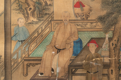 Chinese School: 'Vibrant court scene with an emperor', ink and colour on silk, 18th C.