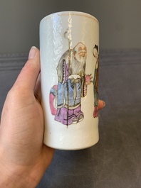 A Chinese famille rose 'Sanxing' brush pot, Tongzhi mark and of the period