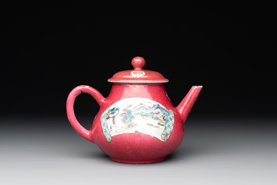 A Chinese famille rose ruby-ground 'landscape scroll' teapot, Yongzheng