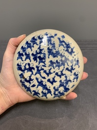 A pair of Chinese blue and white soft paste '100 boys' covered jarlets and a seal paste box, Kangxi mark, 19th C.