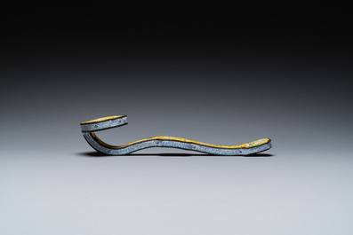 A Chinese Beijing enamel yellow-ground 'bajixiang' ruyi sceptre, Qianlong mark, 19/20th C.