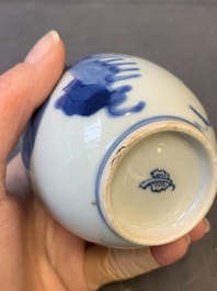 A Chinese blue and white 'ladies playing go' tea caddy and cover, Kangxi
