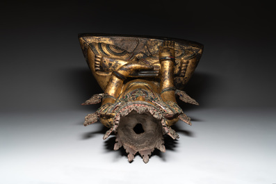 A very large Burmese mica-inlaid gilt-lacquered wooden Buddha, 19th C.