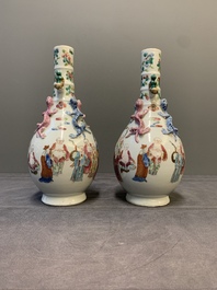 A pair of Chinese famille rose '18 Luohan' bottle vases, 19th C.