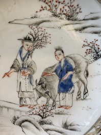 A Chinese blue-enamelled gilt-decorated grisaille cup and saucer, Yongzheng