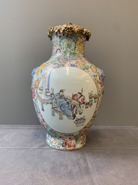A Chinese famille rose 'millefleurs' vase mounted as lamp, Qianlong mark, Republic