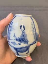 A Chinese blue and white 'ladies playing go' tea caddy and cover, Kangxi