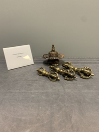 Three Tibetan bronze vajra and a copper incense burner, 18/20th C.