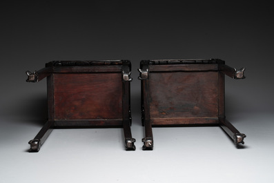 A pair of Chinese famille verte 'narrative' plaques mounted in hardwood tables, 19th C.