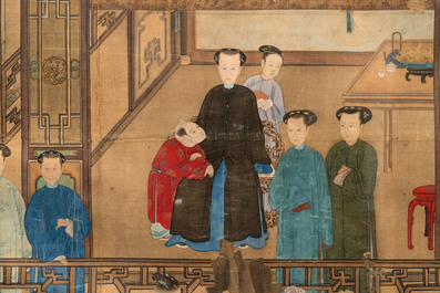 Chinese School: 'Vibrant court scene with an emperor', ink and colour on silk, 18th C.