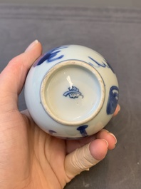 A Chinese blue and white 'ladies playing go' tea caddy and cover, Kangxi